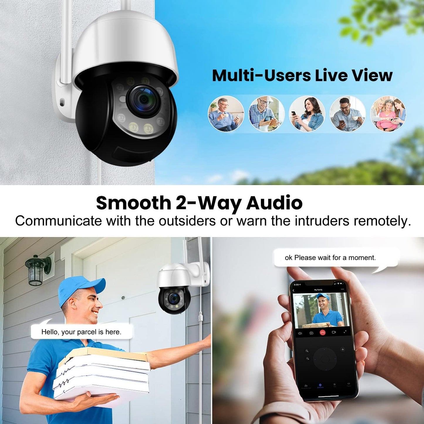 Security Camera Outdoor, Plug-In Wireless Wifi Cameras 1080P Home Bullet Surveillance Camera, 3MP, PTZ, Pan/Tilt, 360° View, Night Vision, Motion Detection, Cloud Storage, IP Work at Mobile APP