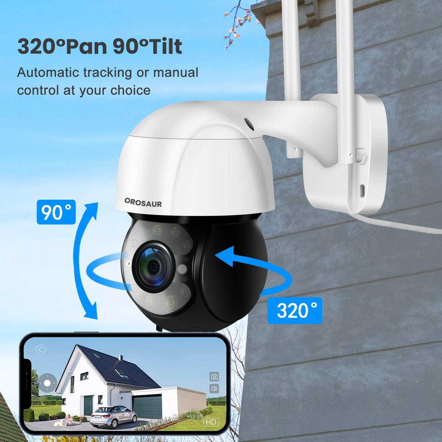 Security Camera Outdoor, Plug-In Wireless Wifi Cameras 1080P Home Bullet Surveillance Camera, 3MP, PTZ, Pan/Tilt, 360° View, Night Vision, Motion Detection, Cloud Storage, IP Work at Mobile APP