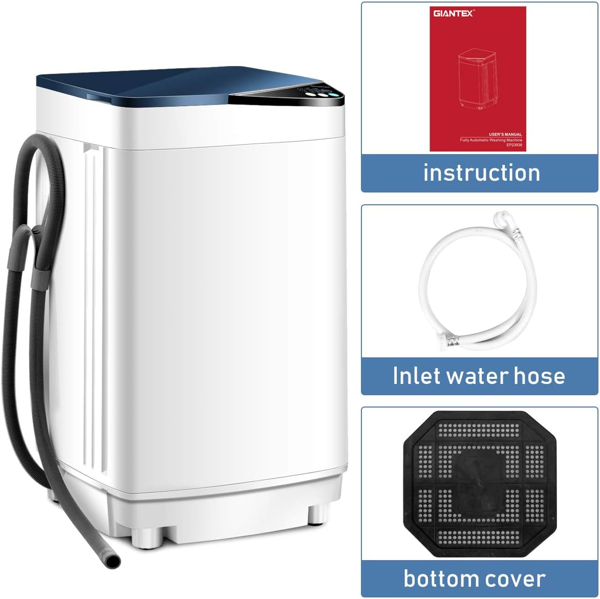 Full-Automatic Washing Machine Portable Washer and Spin Dryer 7.7 Lbs Capacity Compact Laundry Washer with Built-In Barrel Light Drain Pump and Long Hose for Apartments Camping (White & Blue)