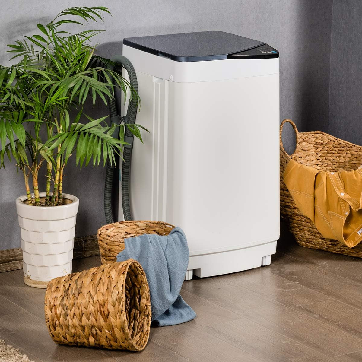 Full-Automatic Washing Machine Portable Washer and Spin Dryer 7.7 Lbs Capacity Compact Laundry Washer with Built-In Barrel Light Drain Pump and Long Hose for Apartments Camping (White & Blue)