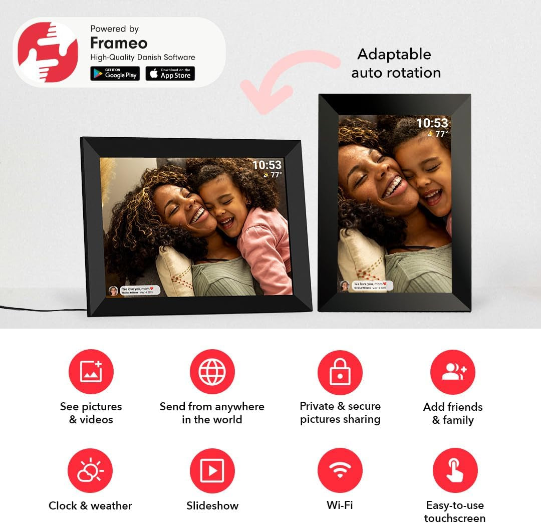 Frameo 10.1 Inch Wifi Digital Picture Frame with 1280 * 800P IPS Touch Screen HD Disply,Video Clips and Slide Show,Auto-Rotate, Wall Mountable,Send Photos Instantly from Anywhere with via Frameo APP