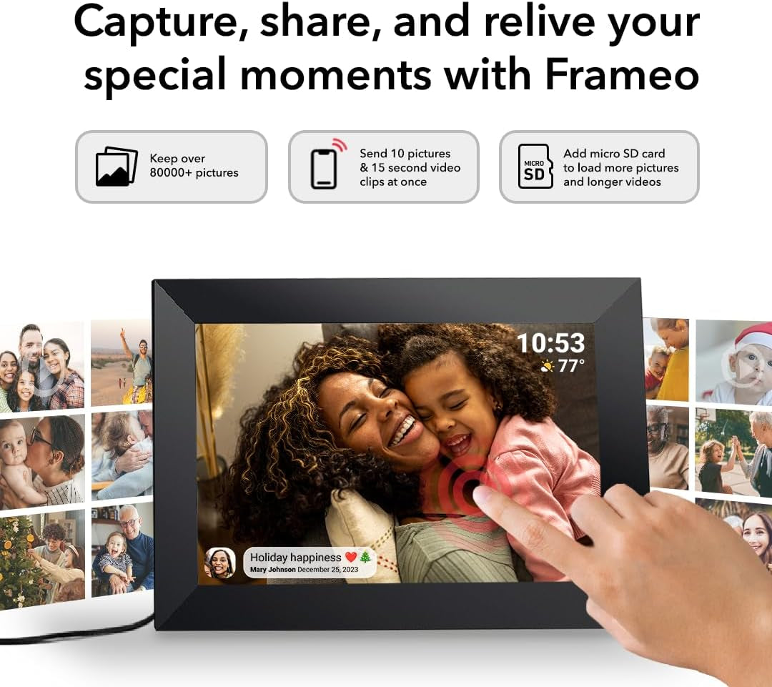 Frameo 10.1 Inch Wifi Digital Picture Frame with 1280 * 800P IPS Touch Screen HD Disply,Video Clips and Slide Show,Auto-Rotate, Wall Mountable,Send Photos Instantly from Anywhere with via Frameo APP
