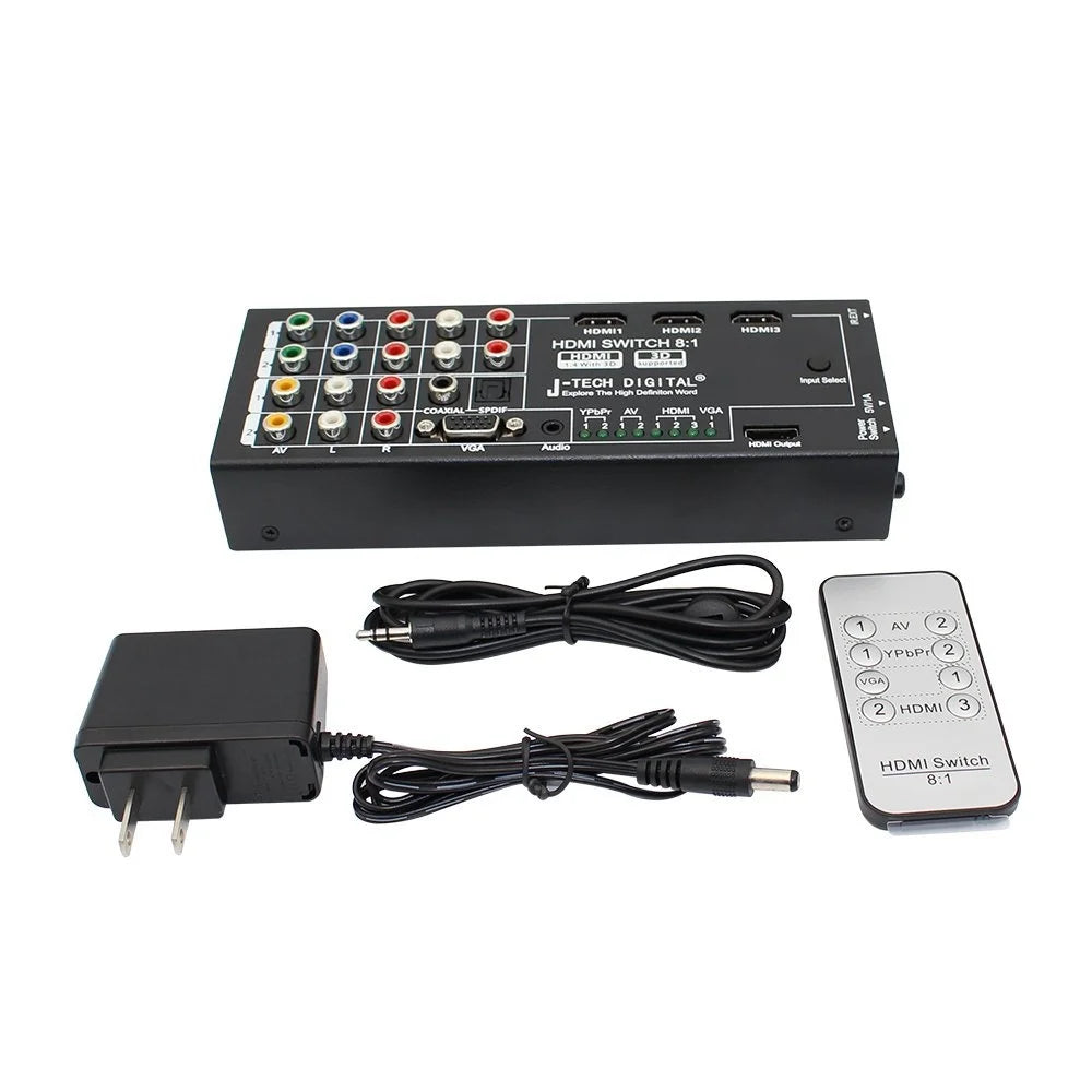 J-Tech Digital Latest Generation Multi-Functional HDMI Audio Extractor with 8 Inputs to 1 HDMI Output with Optical / Coaxial 5.1 Channel Support 3D & Surround Sound