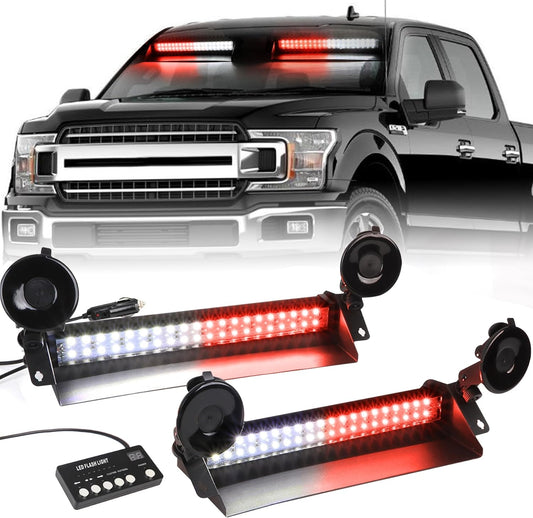 Emergency Dash Strobe Light 80 LED Warning Hazard Flashing Light Bar Visor Interior Windshield Traffic Safety Lights for Volunteer Firefighter Vehicles Trucks (2X14 Inch, Red/White)