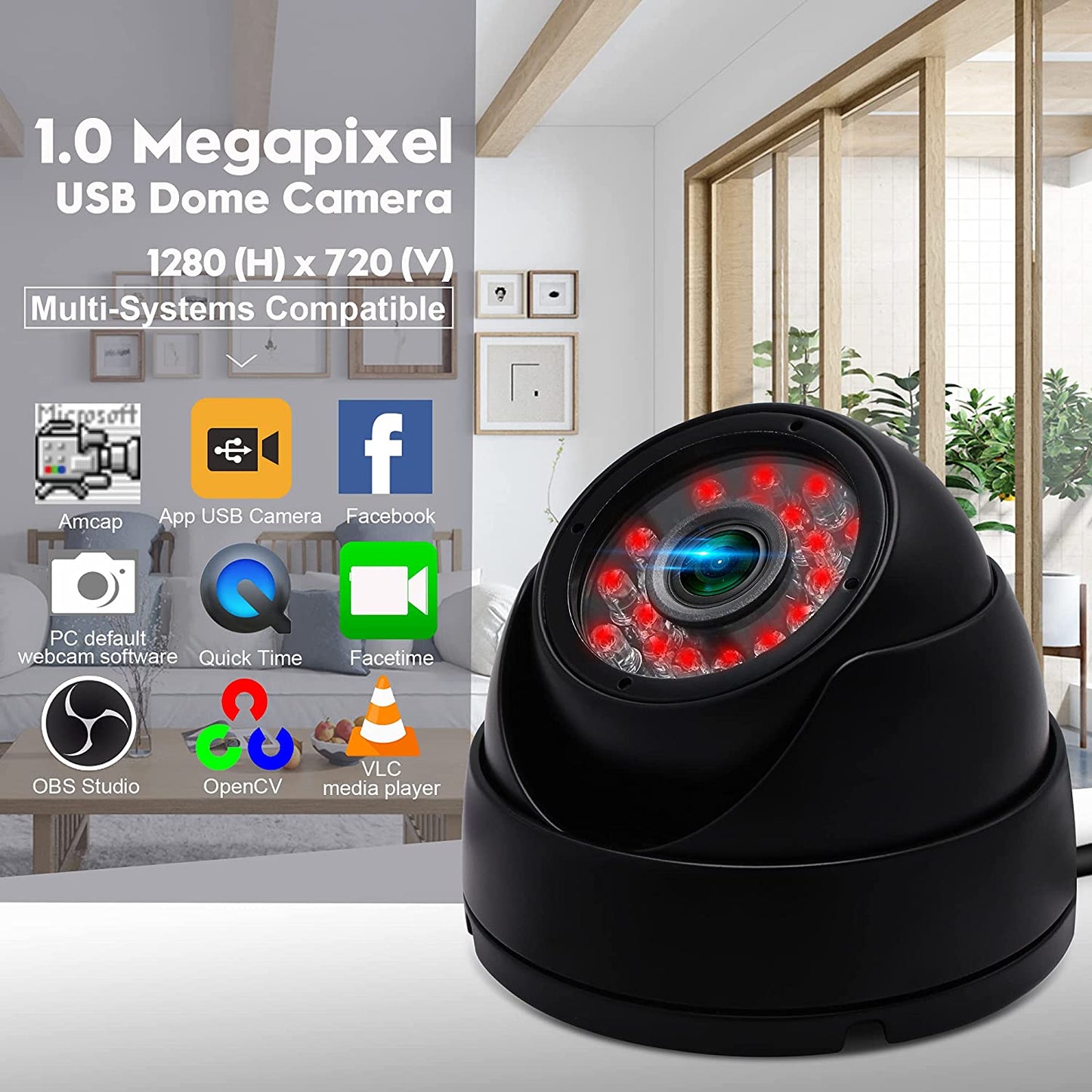 CCTV USB Dome Camera 720P Security Cameras Indoor Dog Cat Dome IP Cam with Night Vision,Waterproof Dome Camera Outdoor Metal Housing, 24 Ir-Leds True Day and Night Monitoring 3.6Mm Lens
