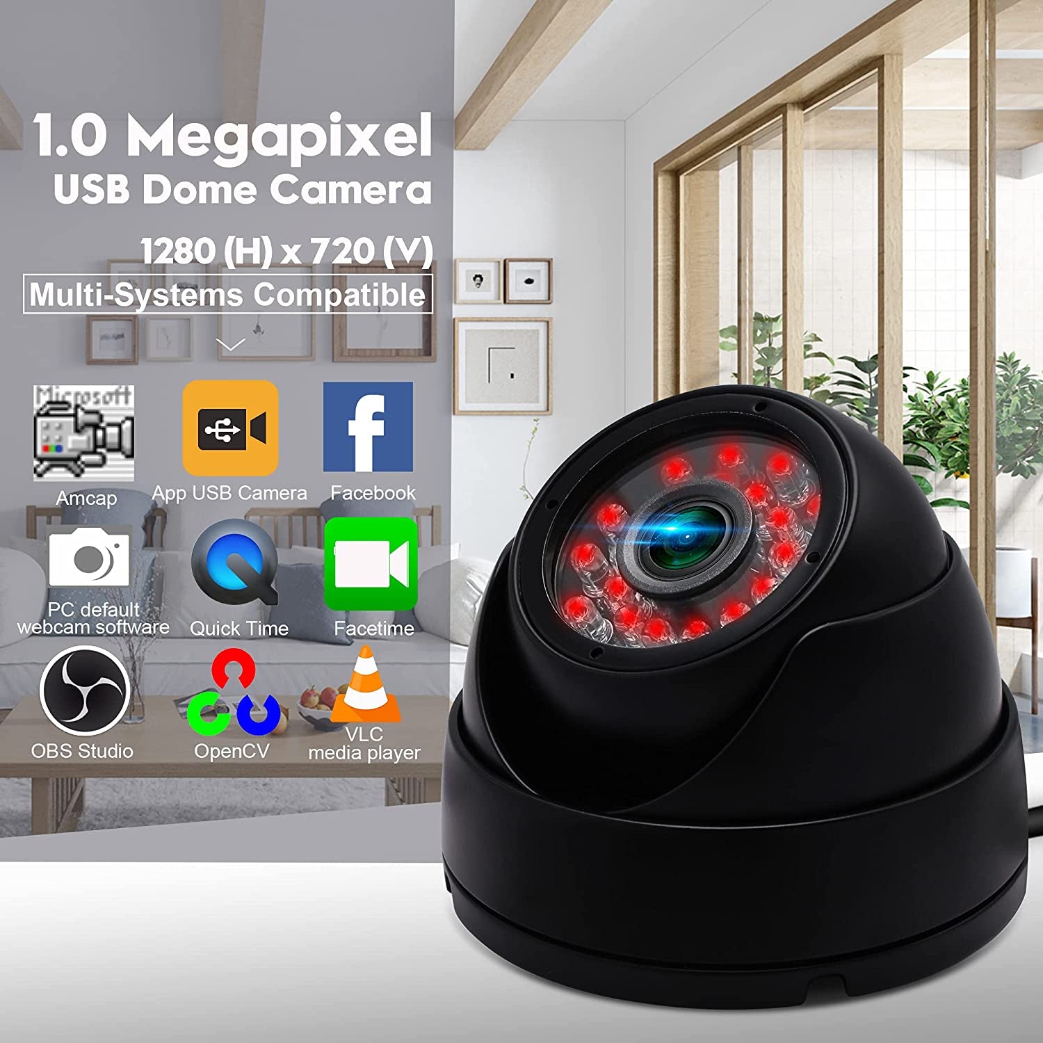 CCTV USB Dome Camera 720P Security Cameras Indoor Dog Cat Dome IP Cam with Night Vision,Waterproof Dome Camera Outdoor Metal Housing, 24 Ir-Leds True Day and Night Monitoring 3.6Mm Lens