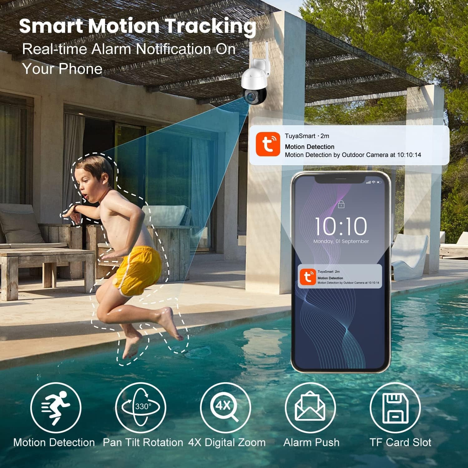 Security Camera Outdoor, Plug-In Wireless Wifi Cameras 1080P Home Bullet Surveillance Camera, 3MP, PTZ, Pan/Tilt, 360° View, Night Vision, Motion Detection, Cloud Storage, IP Work at Mobile APP