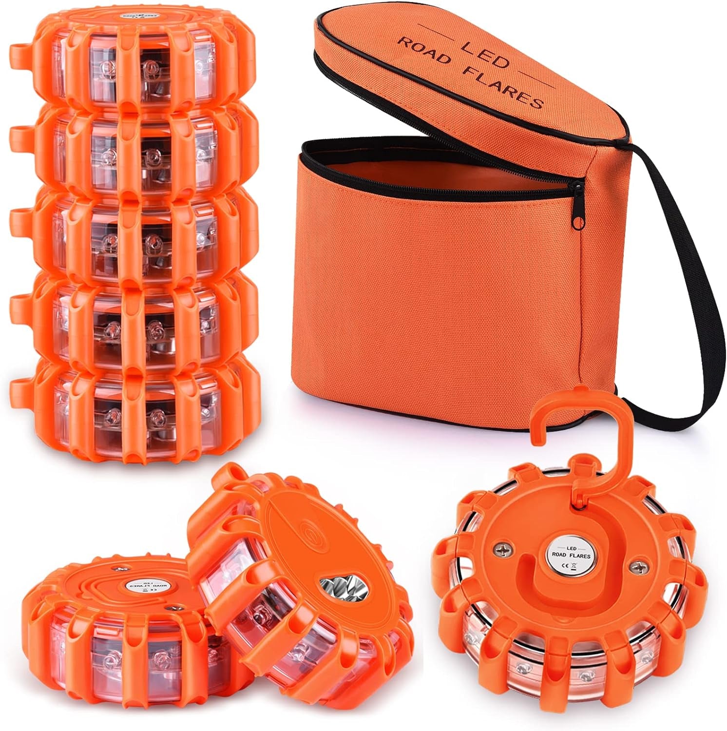[8 Pack] LED Road Flares Safety Flashing Warning Light Roadside Emergency Disc Beacon Kit for Vehicles Boats with Magnetic Base & Hook, Premium Storage Bag (Batteries Not Included) (8)