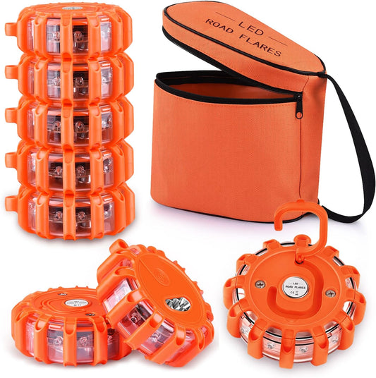 [8 Pack] LED Road Flares Safety Flashing Warning Light Roadside Emergency Disc Beacon Kit for Vehicles Boats with Magnetic Base & Hook, Premium Storage Bag (Batteries Not Included) (8)