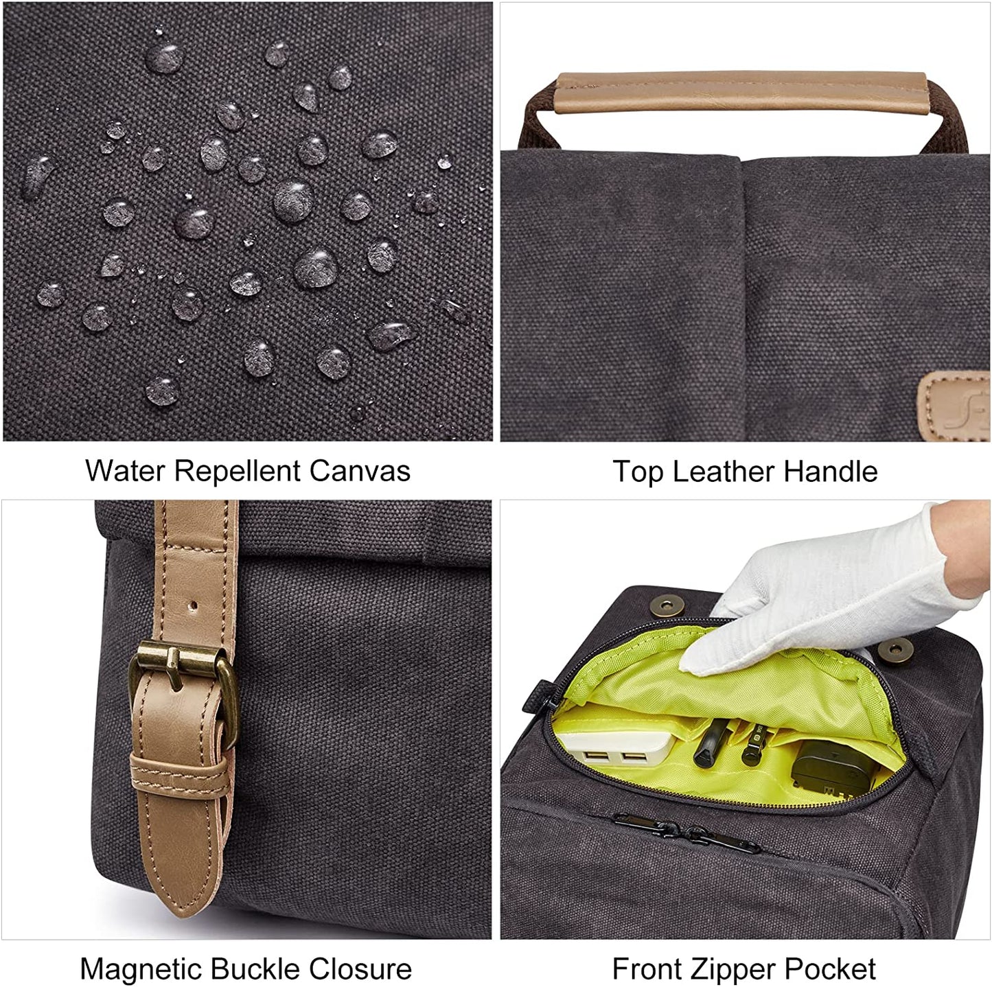 Waterproof Camera Bags for DSLR Canon Canvas Vintage Shoulder Women Men Camera Messenger Bag Leather Trim(Grey)