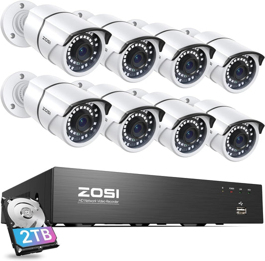 8CH 4K Poe Home Security Camera System with 2TB Hdd,8Pcs 5MP Weatherproof Outdoor Indoor IP Cameras,Night Vision,Motion Detection,Remote Access,8Mp 8 Ports 16CH NVR Recorder for 24/7 Recording