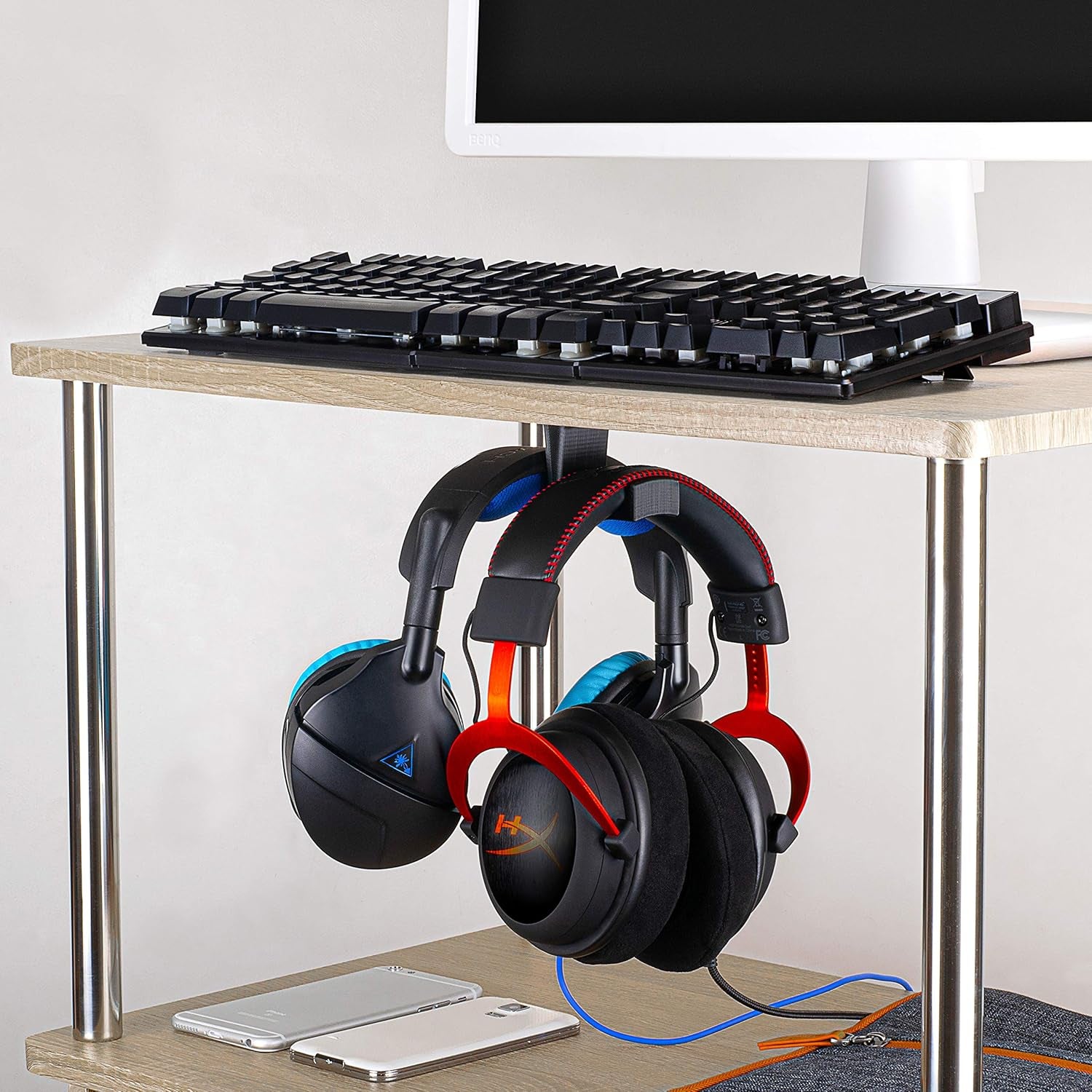 Bigt Dual Headphone Stand (2 Pack), under Desk Hanger for Headphones, Gaming Headsets, Mobiles Accessories, Stick On, No Screws, Black