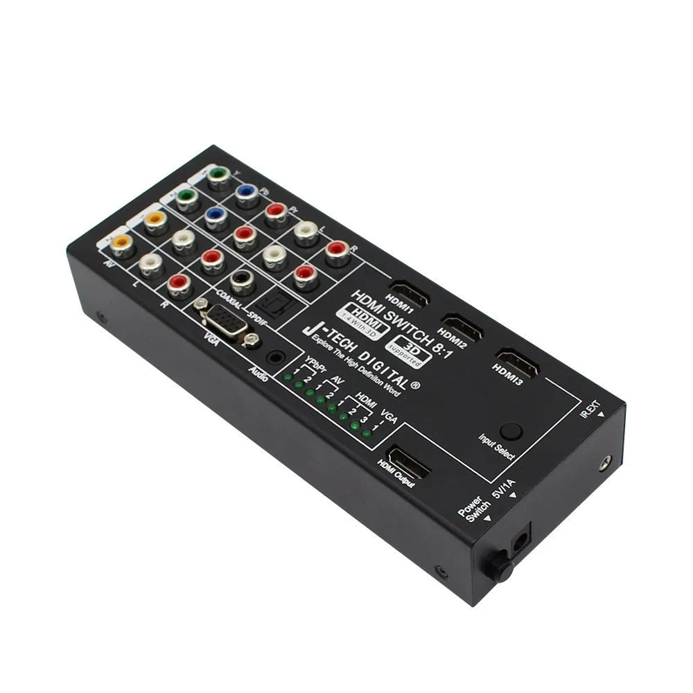 J-Tech Digital Latest Generation Multi-Functional HDMI Audio Extractor with 8 Inputs to 1 HDMI Output with Optical / Coaxial 5.1 Channel Support 3D & Surround Sound
